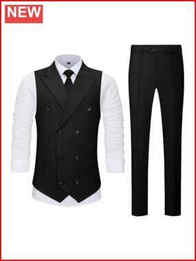 Men's Double Breasted Vest Pants Set Slim Fit Formal Suit